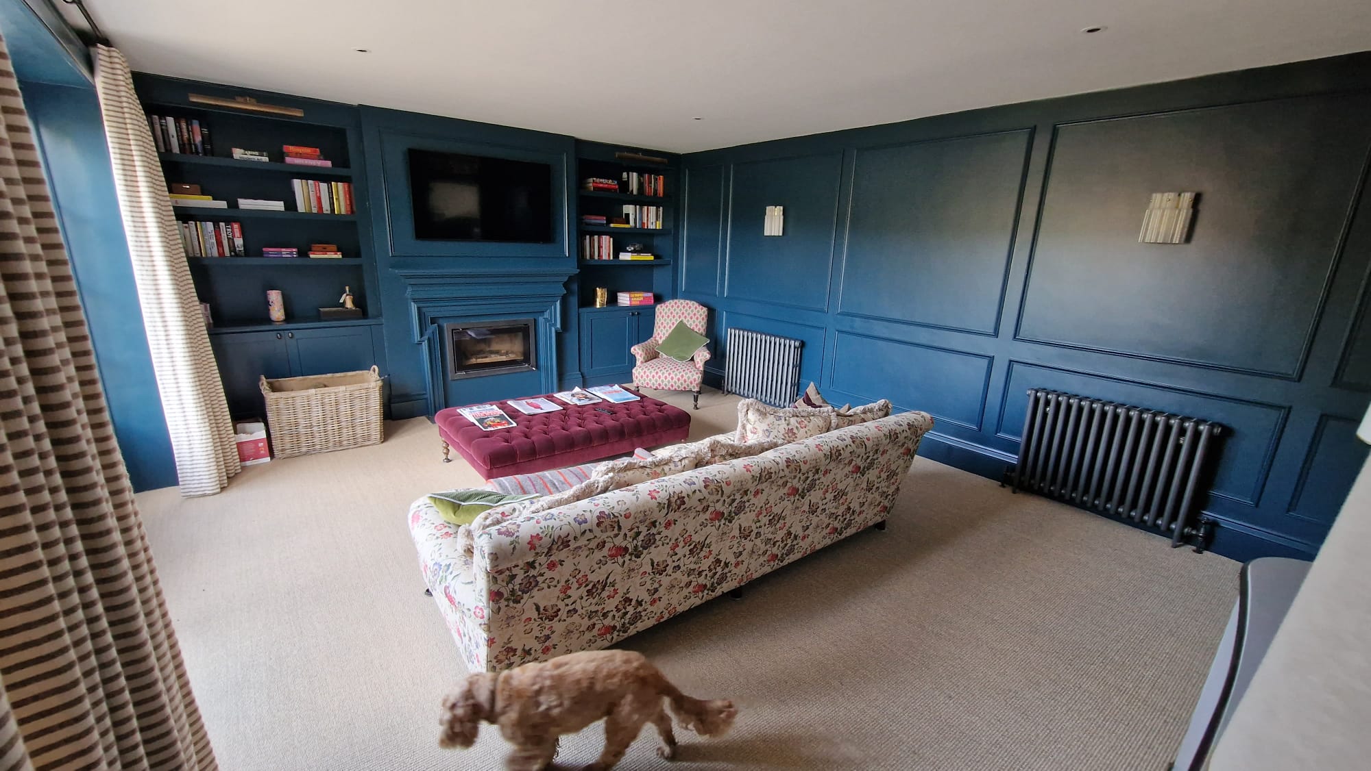 Panelled blue living room finished by Alpha Renovations