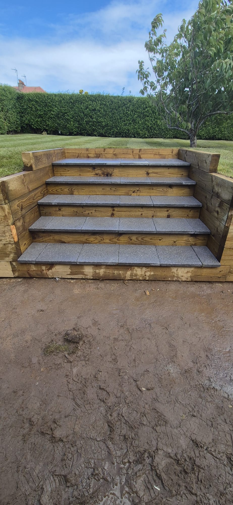 Sleeper and granite garden steps built by us