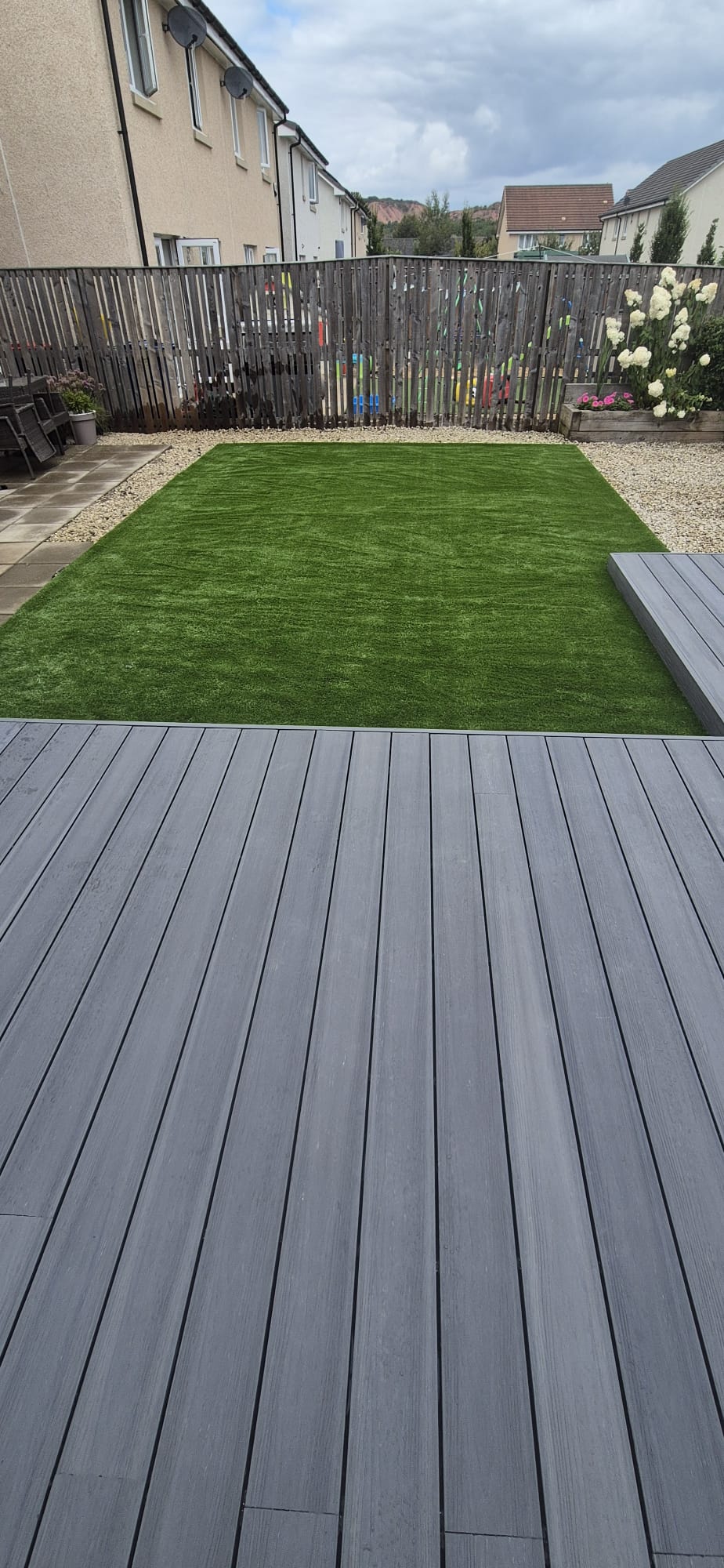 Artificial lawn beside a finished composite deck
