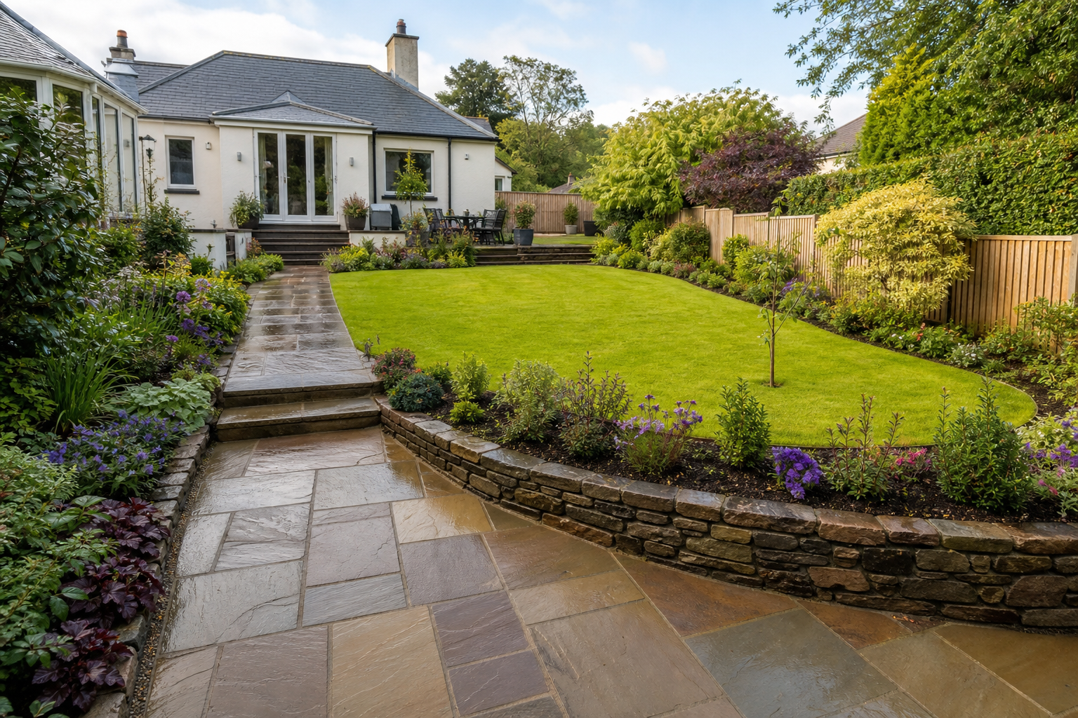 Completed British garden transformation by Miller Landscaping, with lawn, planting and stone landscaping