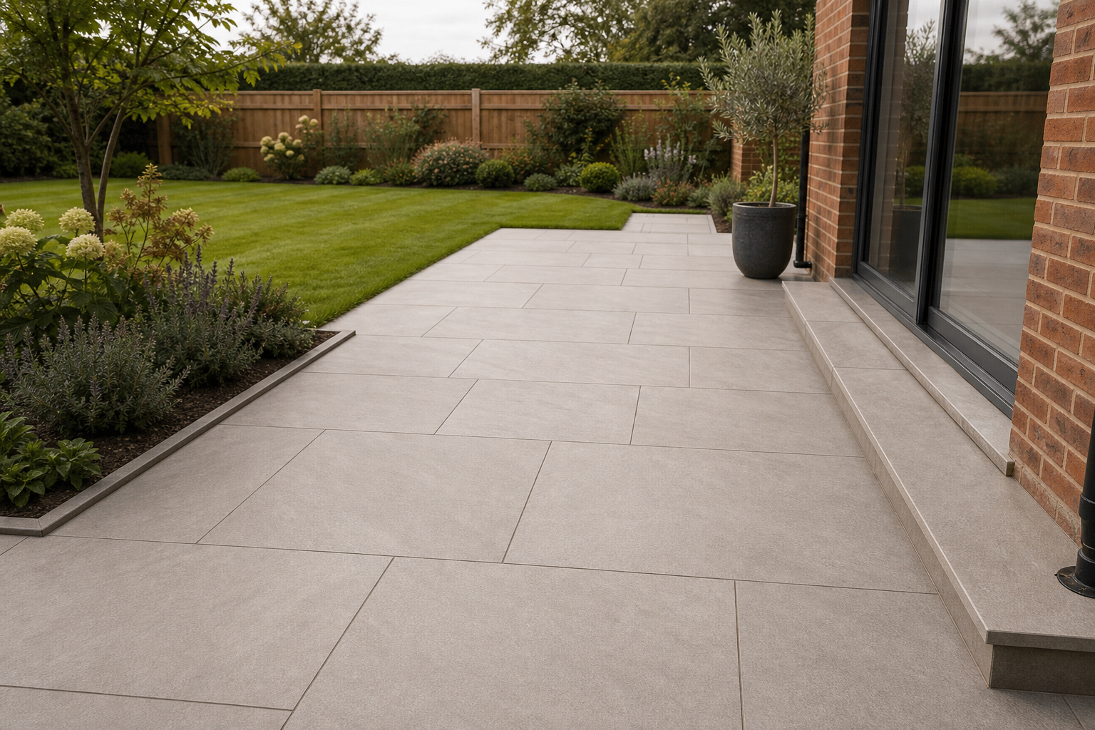 Finished porcelain patio in a landscaped British garden, laid by our team