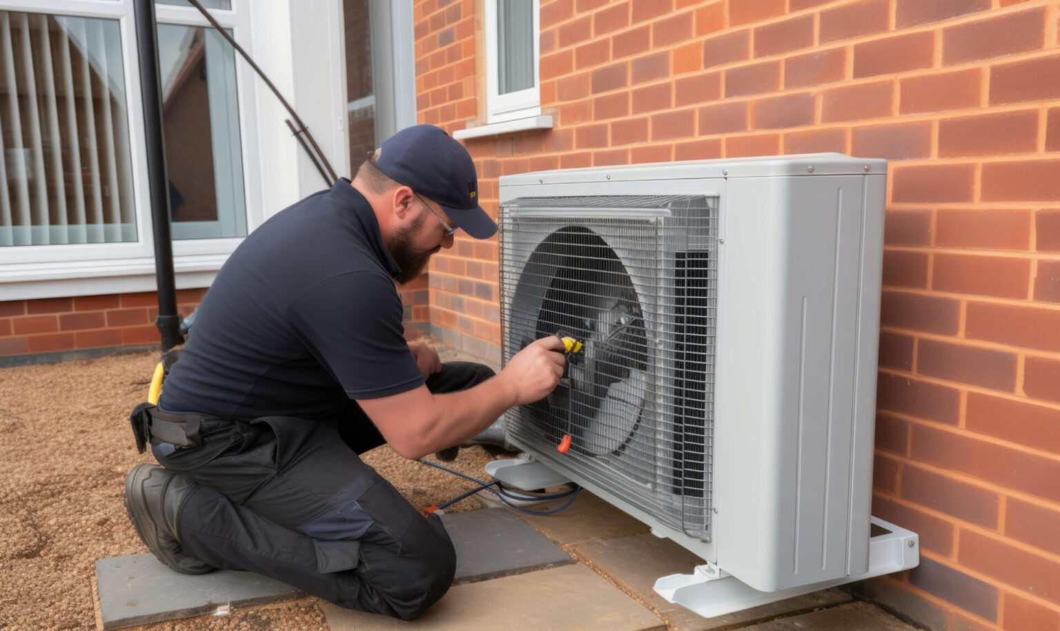 Air source heat pump outdoor unit fitted beside a brick house